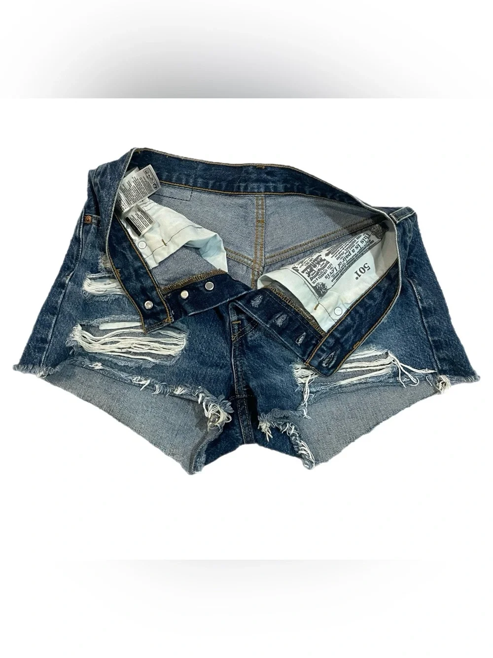 Women’s Levi's 501 Distressed Denim Jean Shorts W26 Ripped Frayed Hem Blue